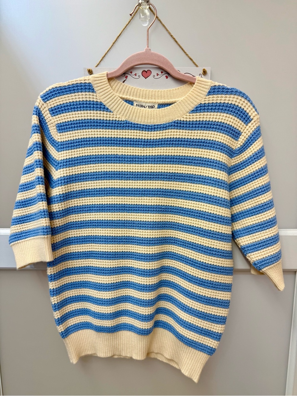 Main Strip Cream and Blue Striped Short-Sleeve Knit Sweater